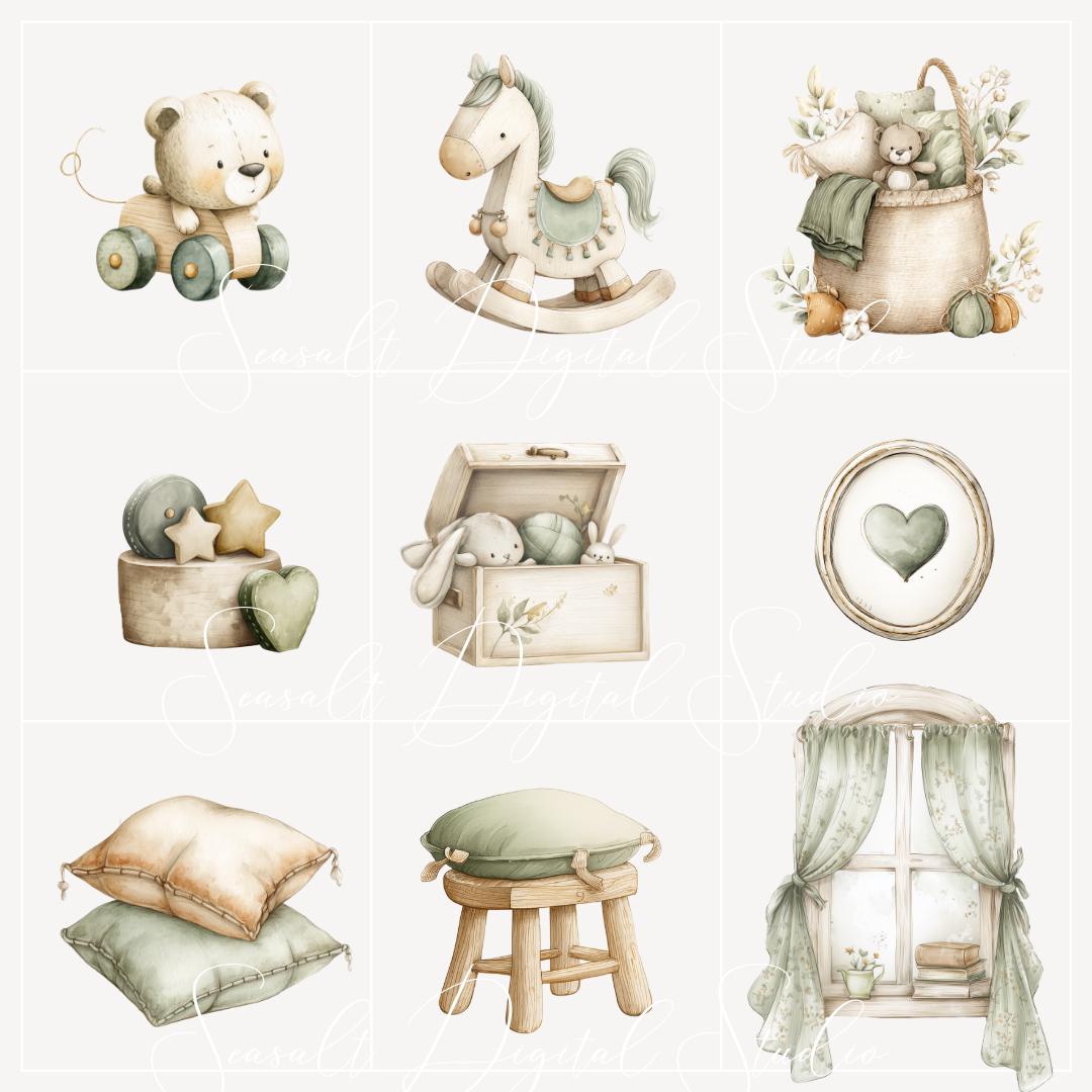 Sage Green Teddy Bear Clipart PNG, Watercolor Cute Baby Bear Nursery ...