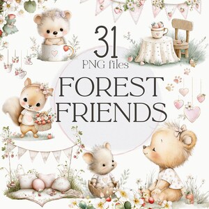 Bundle de cliparts animaux des bois, clipart chambre d'enfant aux fraises, amis de la forêt Boho PNG, baby shower et décoration de chambre d'enfant, thème forêt
