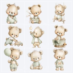 Watercolor Green Teddy Bear Clipart featuring adorable baby bears in sage green outfits with balloons, bunny, swing, toy car and nursery poses, perfect for baby boy nursery decor, invitations and printable PNG designs.