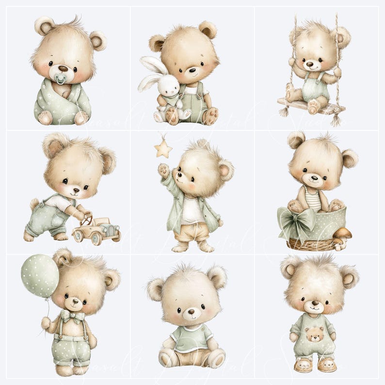 Watercolor Green Teddy Bear Clipart featuring adorable baby bears in sage green outfits with balloons, bunny, swing, toy car and nursery poses, perfect for baby boy nursery decor, invitations and printable PNG designs.
