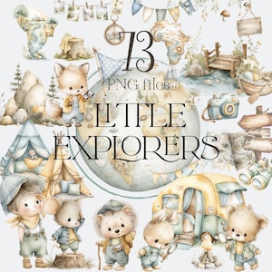 Little Explorers Baby Boy Clipart Set, Watercolor Woodland Nursery Animals Clipart, Adventure Camp Theme PNG, Around The World Illustrations