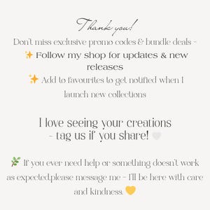 Peut inclure: Graphique cr&egrave;me avec les mots "Thank you!" en &eacute;criture cursive. Le texte comprend des informations sur les codes promotionnels, les mises &agrave; jour de la boutique, les nouveaut&eacute;s et le service client. Un c&oelig;ur et une feuille sont &eacute;galement inclus.