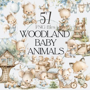 Puede incluir: Ilustración en acuarela con animales bebés del bosque, incluyendo osos, conejos y zorros. La imagen incluye el texto "57 archivos PNG" y "Woodland Baby Animals". Los animales están representados en una paleta de colores pastel suave, con una estética caprichosa y encantadora.