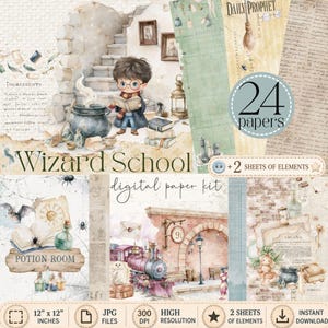 Puede incluir: Un kit de papel digital titulado Wizard School que incluye 24 papeles y 2 hojas de elementos. Los gráficos incluyen un joven mago con gafas, un caldero, un tren de vapor, frascos de pociones, libros y una pared de ladrillos, estilo acuarela.