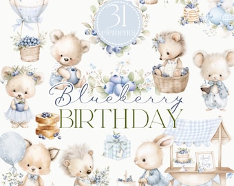 Blueberry Birthday Bundle, Berry First Birthday Clipart, First Birthday Fruit Clipart, One Sweet Berry PNG, Birthday Decor, Baby shower