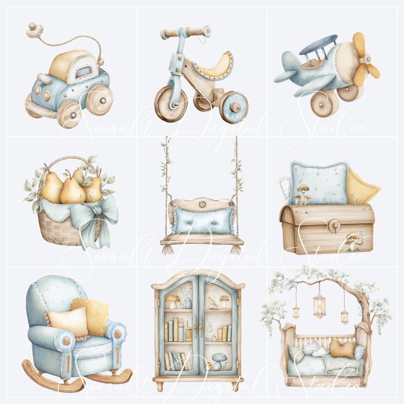 Nursery furniture and toy clipart  and baby room decor elements