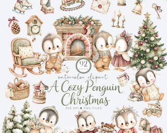 Cute Christmas Penguin Clipart PNG, Watercolor Cozy Winter Clipart, Christmas Family, Winter Animal, Christmas Nursery, Holiday Graphics