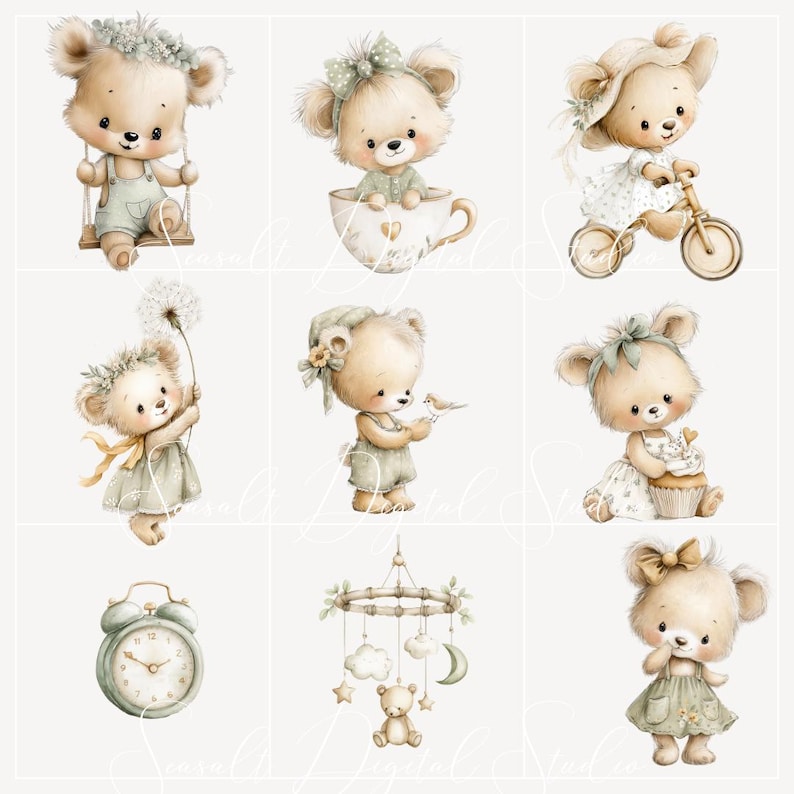 Sage Green Teddy Bear Clipart PNG, Watercolor Cute Baby Bear Nursery ...
