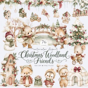 May include: A collection of watercolour Christmas woodland animal illustrations including a snowman, rabbit, fox, mouse, penguin, and bear. Features include a decorated tree, an igloo, a bridge, a house, and toys with text reading 76 FILES watercolour clipart Christmas Woodland Friends 300 DPI PNG FILES.
