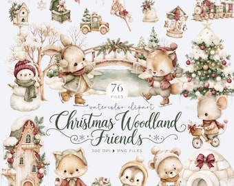 Christmas Woodland Clipart, Watercolor Winter Animals PNG, Cute Winter Forest Animals, Christmas Nursery Clipart, Cozy Woodland Baby Shower
