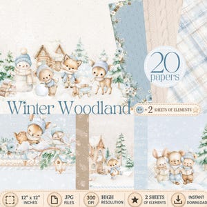 Puede incluir: Una colección digital de 20 papeles y 2 hojas de elementos titulada Winter Woodland, con ilustraciones en acuarela de muñecos de nieve, zorros, ciervos y conejos en entornos invernales, patrones azules y crema, 30,48 cm por 30,48 cm.