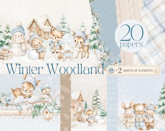 Winter Woodland Digital Paper, Winter Animals Scrapbook Paper, Blue Watercolor Christmas Pattern, Nursery Digital Paper, Xmas Junk Journal