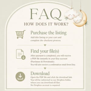 FAQ instruction page explaining how to download your Green Teddy Bear Clipart collection from Etsy, including PDF access, instant download steps and Dropbox delivery instructions.