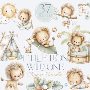 Baby Lion Clipart Bundle featuring cute watercolor lion illustrations, Wild One safari nursery theme, jungle animals, tropical elements, and 37 PNG clipart graphics.