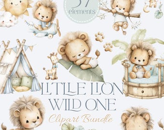 Baby Lion Clipart, Cute Lion PNG, Wild One Safari Clipart, Jungle Nursery PNG, Watercolor Wild Animal Clipart, Baby Boy Nursery