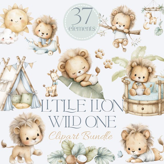 Baby Lion Clipart, Cute Lion PNG, Wild One Safari Clipart, Jungle Nursery PNG, Watercolor Wild Animal Clipart, Baby Boy Nursery