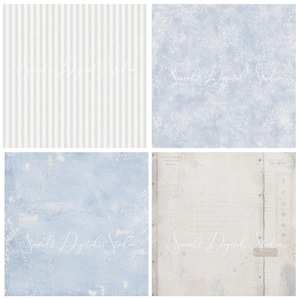 Puede incluir: Un conjunto de cuatro dise&ntilde;os de papel digital que incluyen un patr&oacute;n de rayas verticales en azul claro y blanco, una textura floral azul claro, un fondo azul claro moteado y desgastado, y un documento vintage crema con texto y n&uacute;meros.