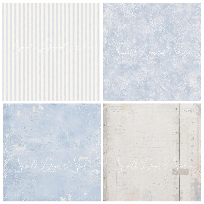 Puede incluir: Un conjunto de cuatro dise&ntilde;os de papel digital que incluyen un patr&oacute;n de rayas verticales en azul claro y blanco, una textura floral azul claro, un fondo azul claro moteado y desgastado, y un documento vintage crema con texto y n&uacute;meros.