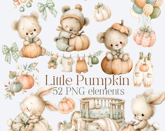 Little Pumpkin Clipart PNG, Watercolor Pumpkin Baby Shower Clipart, Autumn Nursery PNG, Fall First Birthday, Fall Baby Shower, Baby Animals