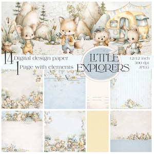 Puede incluir: Conjunto de papel de diseño digital con ilustraciones de acuarela de animales del bosque, una caravana y elementos de camping. El conjunto incluye 14 páginas con elementos, cada una de 30,5 x 30,5 cm, 300 ppp, en formato JPEG. El texto dice "Little Explorers."