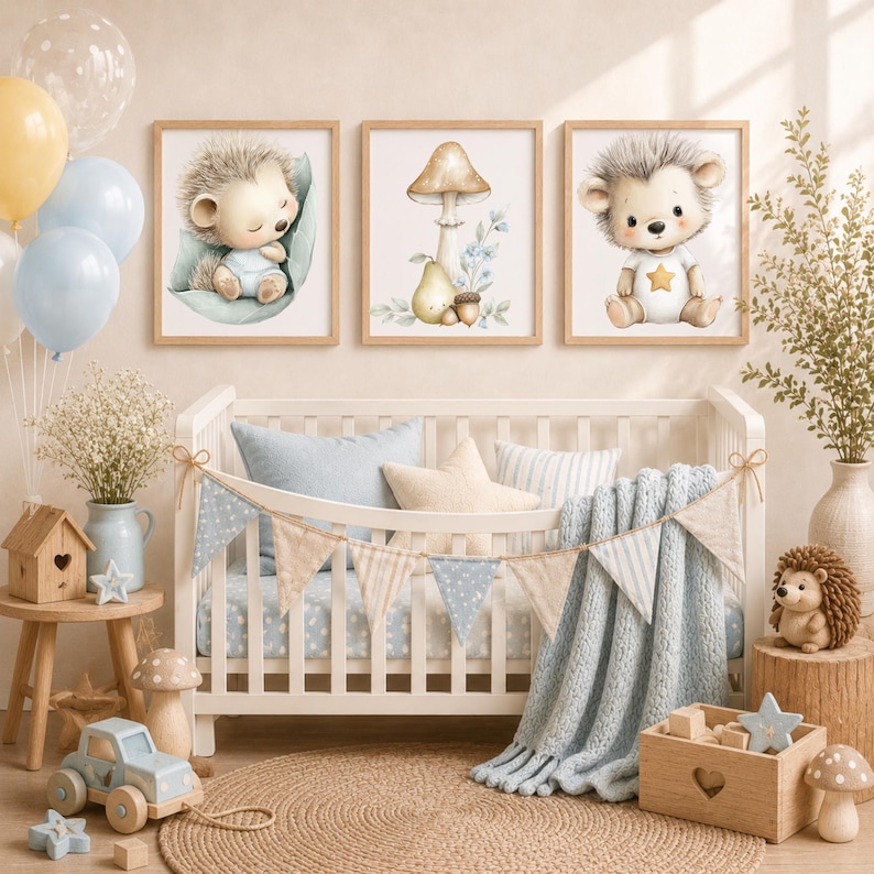 Woodland nursery wall art created with watercolor hedgehog clipart and forest animal illustrations
