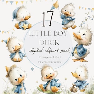 Puede incluir: Un paquete de imágenes prediseñadas digitales con 17 ilustraciones de adorables patitos. Los patos se representan en varias poses, con chaquetas y sombreros azules, y sosteniendo objetos como una cometa y una estrella. El texto dice "Little Boy Duck" y "digital clipart pack".