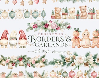 Christmas Garland Borders Clipart PNG, Winter Holiday Borders, Xmas Garland PNG, Gingerbread Border, Watercolor Christmas Greenery Borders