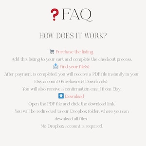 Peut inclure: Graphique cr&egrave;me avec le texte "? FAQ" en rouge et noir. Le texte "HOW DOES IT WORK?" est en dessous. Le texte explique le processus d'achat et de t&eacute;l&eacute;chargement, y compris "Purchase the listing" et "Find your file(s)".