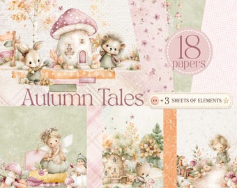 Woodland Fairy Digital Paper, Autumn Baby Girl Pattern, Forest Animal Nursery Scrapbook Paper Pack, Fairy Tale Fall Backgrounds