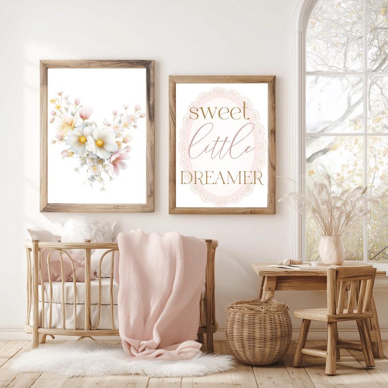 nursery wall art with floral clipart, pastel flowers decor, baby girl room design