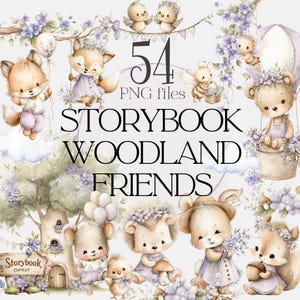 Puede incluir: Un gráfico de arte digital con adorables criaturas del bosque, incluyendo zorros, osos y erizos, en suaves colores pastel. El texto dice "Storybook Woodland Friends" y "54 archivos PNG". El tema general es caprichoso y encantador.