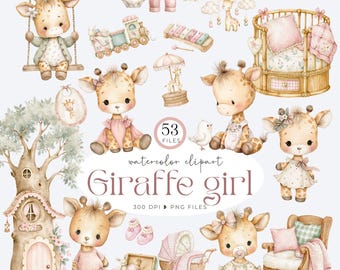 Baby Giraffe Nursery Clipart PNG, Watercolor Baby Shower Giraffe, Baby Girl Clipart, Nursery Animal Bundle, Pink Nursery Decor