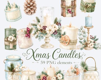 Christmas Candles Clipart, Watercolor Christmas Candle Jar PNG, Fesive Christmas Candles, Cozy Winter PNG, XMas Illustration