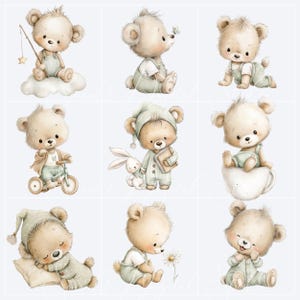 Cute sage green baby bear clipart collection with sleeping teddy bears, fishing bear, bicycle, teacup, bunny friend, crawling bear and nursery illustrations in soft watercolor style with transparent PNG files.