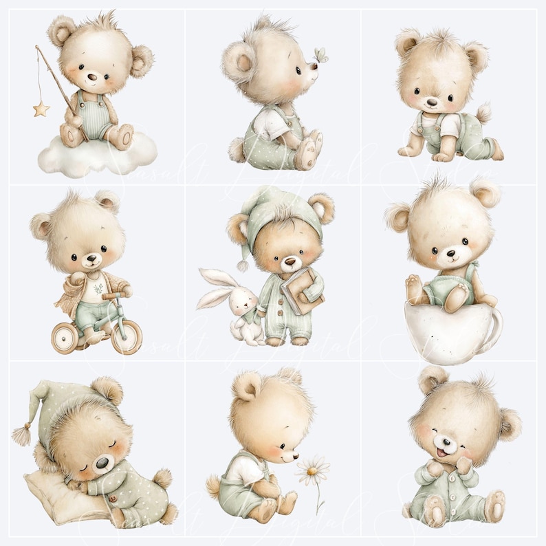 Cute sage green baby bear clipart collection with sleeping teddy bears, fishing bear, bicycle, teacup, bunny friend, crawling bear and nursery illustrations in soft watercolor style with transparent PNG files.