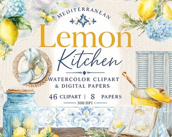Baking Clipart Bundle, Watercolor Lemon Clipart PNG, Cookbook Clipart, Recipe Book Illustration, Kitchen Clipart, Mediterranean Citrus Art
