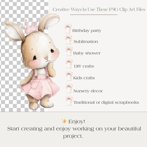 May include: A watercolor illustration of a bunny wearing a pink dress and a crown. Text lists creative uses for PNG clip art files, including birthday parties, baby showers, and DIY crafts. The image encourages users to start creating.