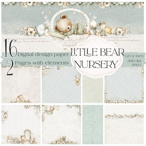 May include: Digital design paper set with a Little Bear Nursery theme. The design features a sleeping teddy bear, moons, stars, and floral accents. The set includes 16 pages with elements, 12x12 inch, 300 dpi, and JPEG format.
