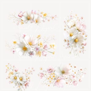 watercolor daisy flowers clipart, pastel floral elements png, spring flowers bundle