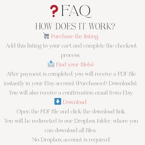 May include: A cream-colored graphic with the text "? FAQ" in red. The text explains how to purchase and download a digital file from Etsy, including steps for checkout, finding files, and downloading from Dropbox.
