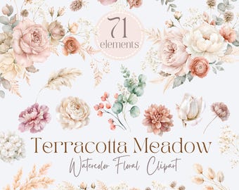 Terracotta Floral Clipart, Autumn Flowers PNG, Burnt Orange Flowers, Watercolor Bouquets, Floral Borders, Dried Flower Clipart, Boho Flowers