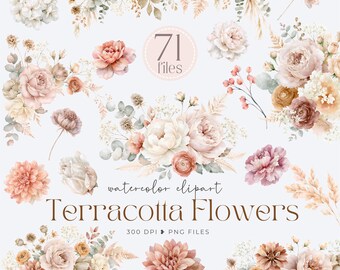 Terracotta Floral Clipart, Autumn Flowers PNG, Burnt Orange Flowers, Watercolor Bouquets, Floral Borders, Dried Flower Clipart, Boho Flowers