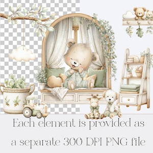 Preview showing separate PNG files included in this Green Teddy Bear Clipart collection, featuring sage green nursery decor, cozy reading nook, teddy bear illustration, baby room accessories and transparent 300 DPI digital files.