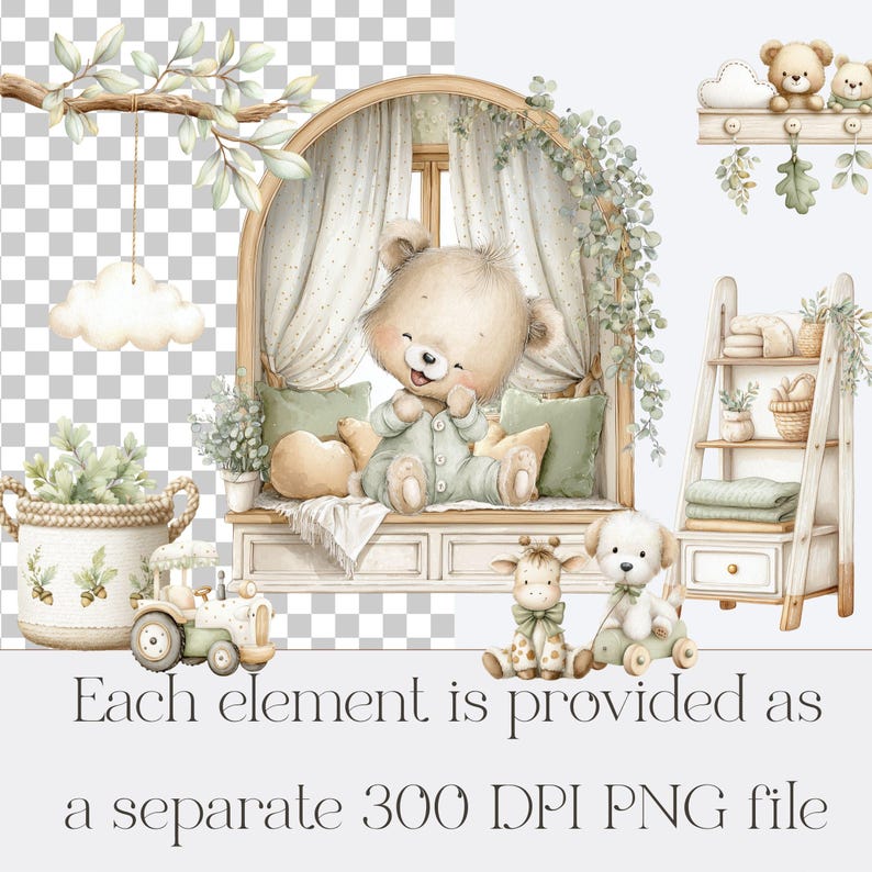 Preview showing separate PNG files included in this Green Teddy Bear Clipart collection, featuring sage green nursery decor, cozy reading nook, teddy bear illustration, baby room accessories and transparent 300 DPI digital files.