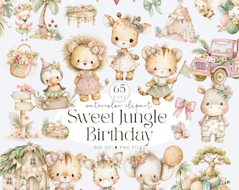 Pink Safari Clipart, Jungle Birthday PNG, Watercolor Baby Animals, First Birthday Nursery Decor, Giraffe, Elephant, Lion, Baby Shower