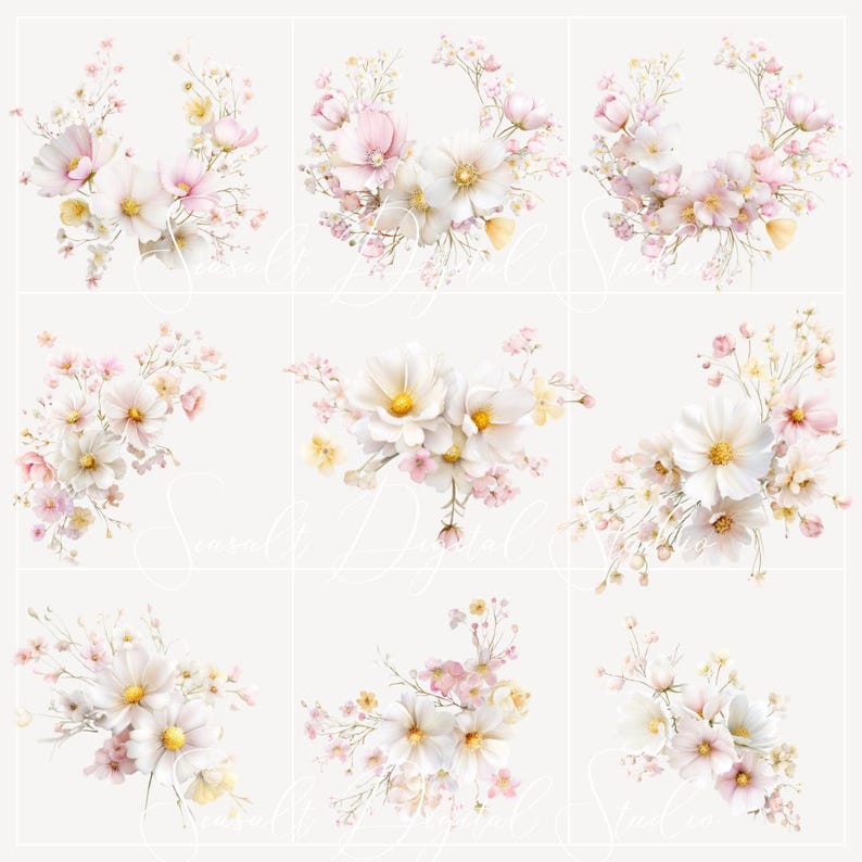 pastel floral clipart set, daisy flowers png, soft pink and white flower elements