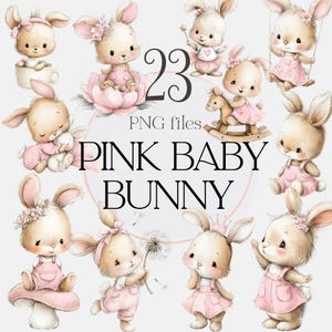 Cute Baby Bunny Clipart Set, Watercolor Pink Rabbit Clipart, Bunny Characters PNG, Baby Shower Bunny,  Nursery Bunny Illustration