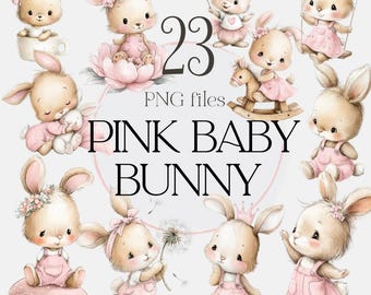 Cute Baby Bunny Clipart Set, Watercolor Pink Rabbit Clipart, Bunny Characters PNG, Baby Shower Bunny,  Nursery Bunny Illustration