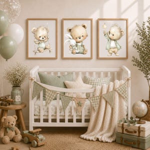 Baby boy nursery room mockup displaying framed Green Teddy Bear Clipart prints above a white crib with sage green decorations, perfect for nursery wall art and printable home decor inspiration.
