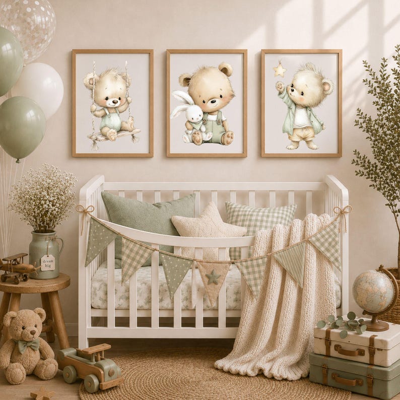 Baby boy nursery room mockup displaying framed Green Teddy Bear Clipart prints above a white crib with sage green decorations, perfect for nursery wall art and printable home decor inspiration.